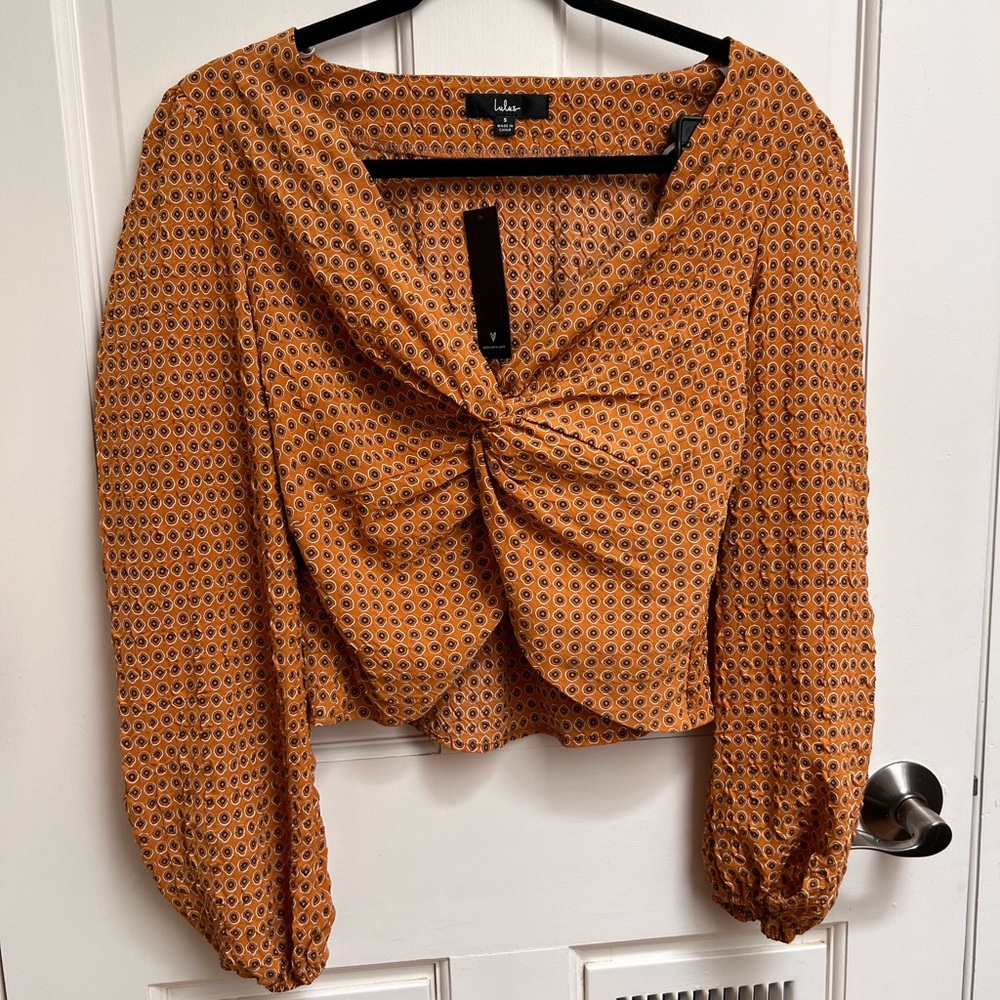 Lulu's Brown Puff Sleeve Crop Blouse